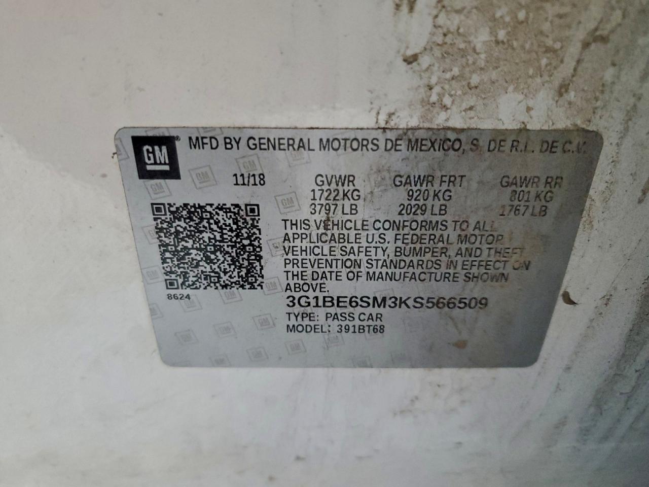 2019 Chevrolet Cruze Lt VIN: 3G1BE6SM3KS566509 Lot: 92895185