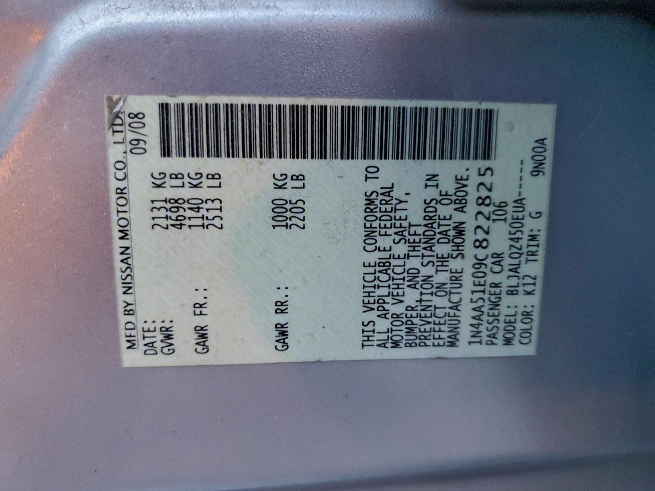 2009 Nissan Maxima S VIN: 1N4AA51E09C822825 Lot: 95517485