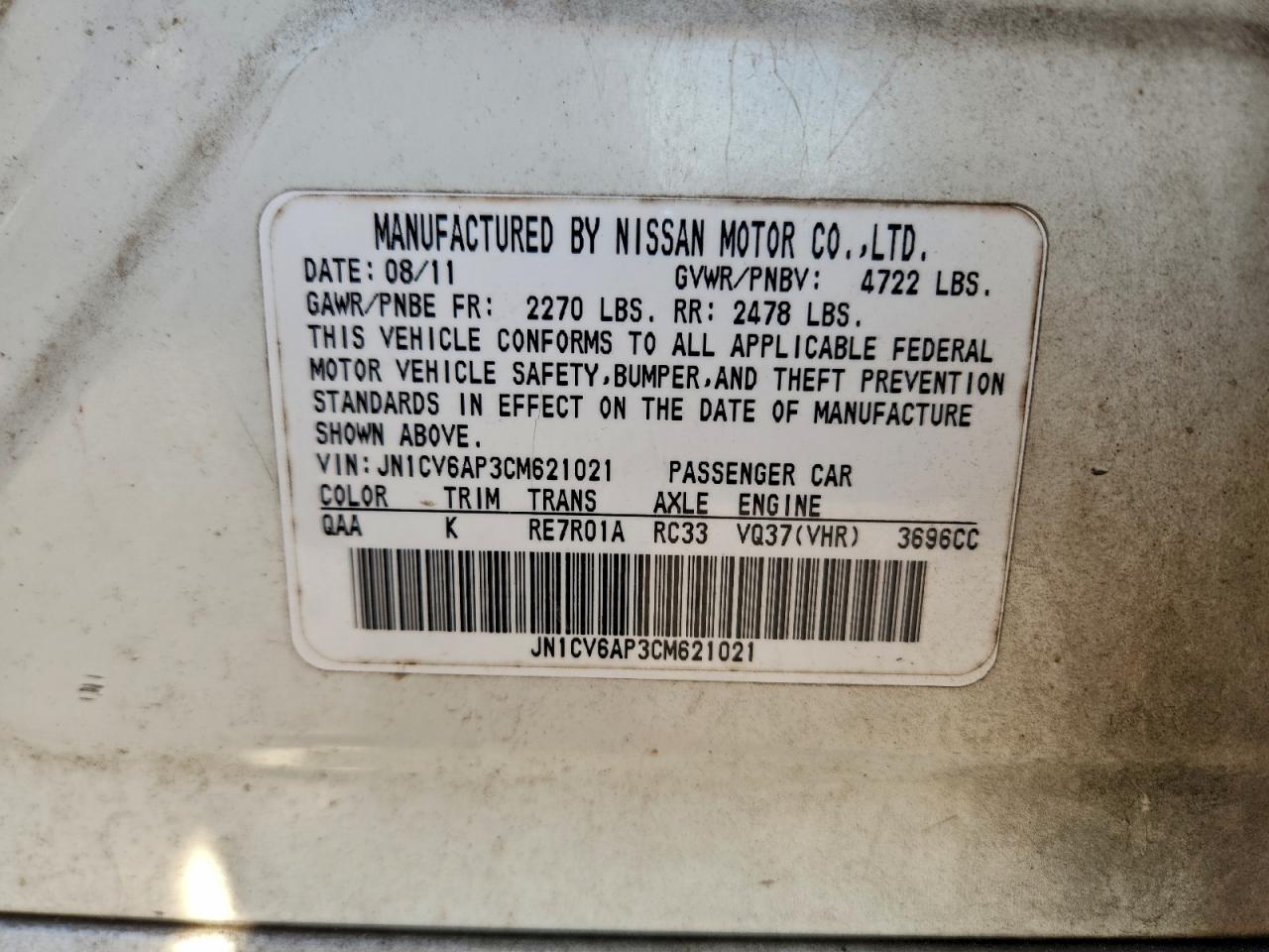 2012 Infiniti G37 Base VIN: JN1CV6AP3CM621021 Lot: 94562875