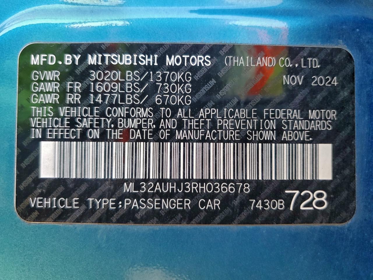 2024 Mitsubishi Mirage Es VIN: ML32AUHJ3RH036678 Lot: 94048565