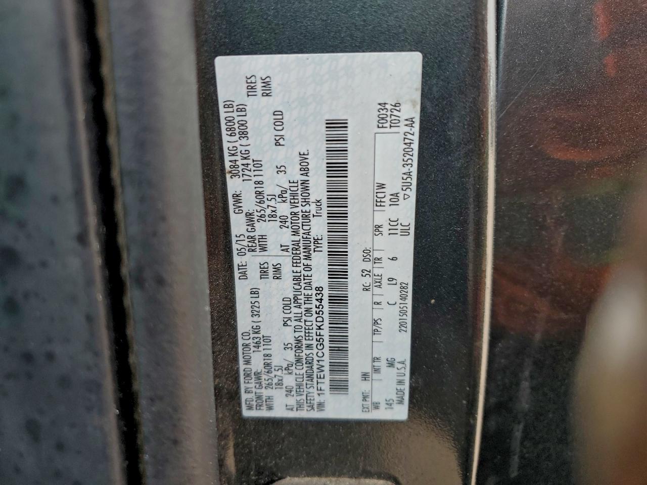 2015 Ford F150 Supercrew VIN: 1FTEW1CG5FKD55438 Lot: 95036945