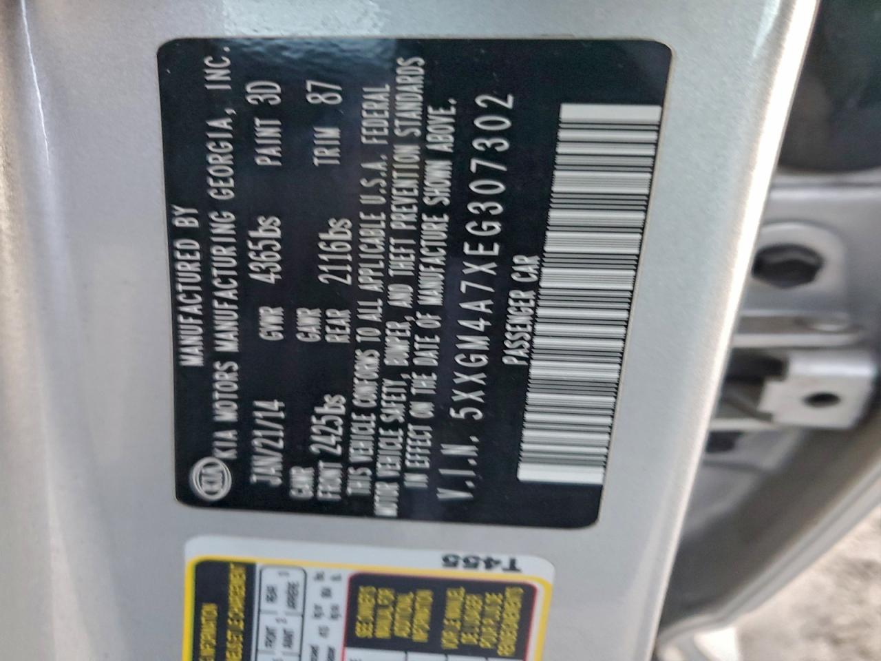 2014 Kia Optima Lx VIN: 5XXGM4A7XEG307302 Lot: 95221555