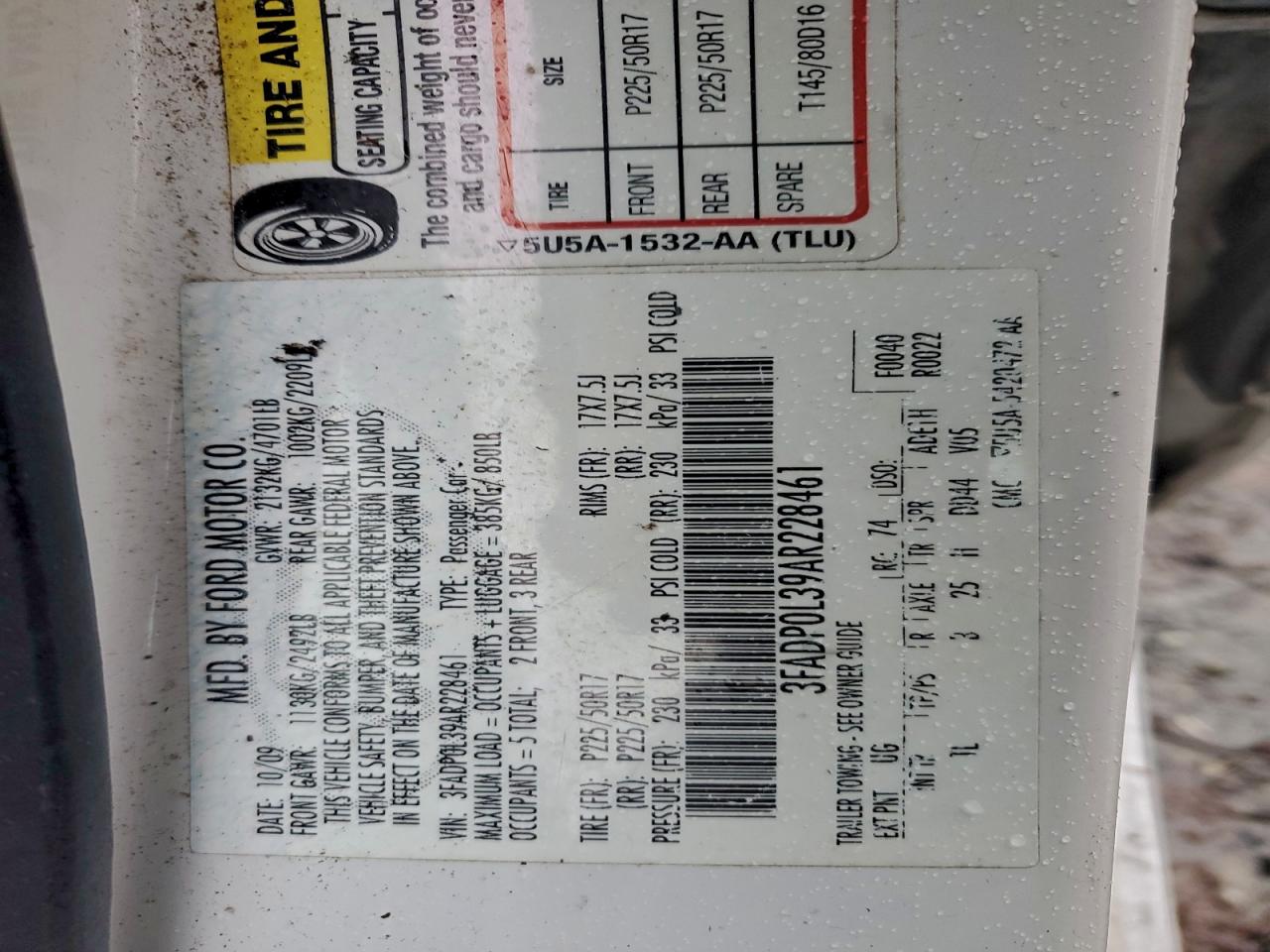 2010 Ford Fusion Hybrid VIN: 3FADP0L39AR228461 Lot: 94741395