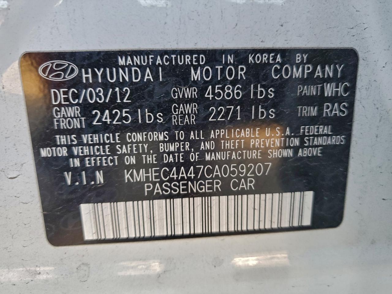 2012 Hyundai Sonata Hybrid VIN: KMHEC4A47CA059207 Lot: 94979915