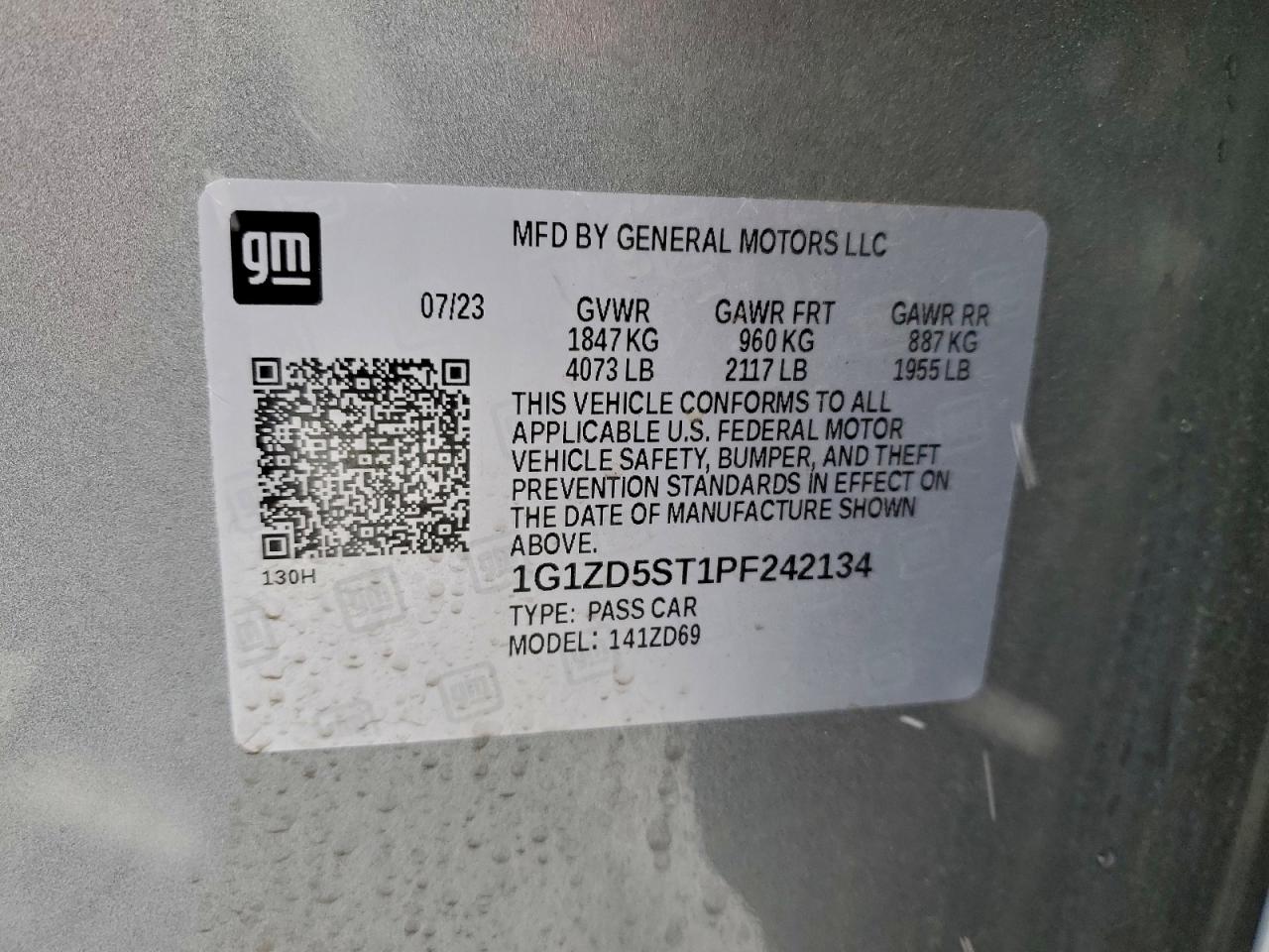 2023 Chevrolet Malibu Lt VIN: 1G1ZD5ST1PF242134 Lot: 93788315