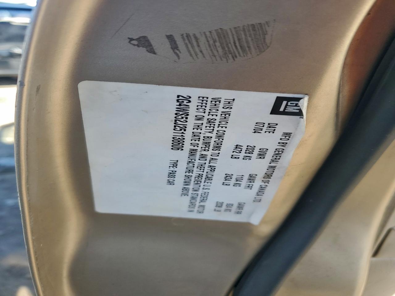 2005 Buick Century Custom VIN: 2G4WS52J251138606 Lot: 96516625