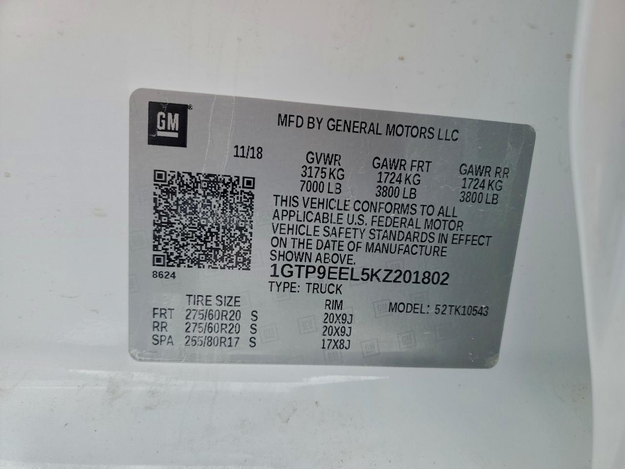 2019 GMC Sierra K1500 At4 VIN: 1GTP9EEL5KZ201802 Lot: 95425615