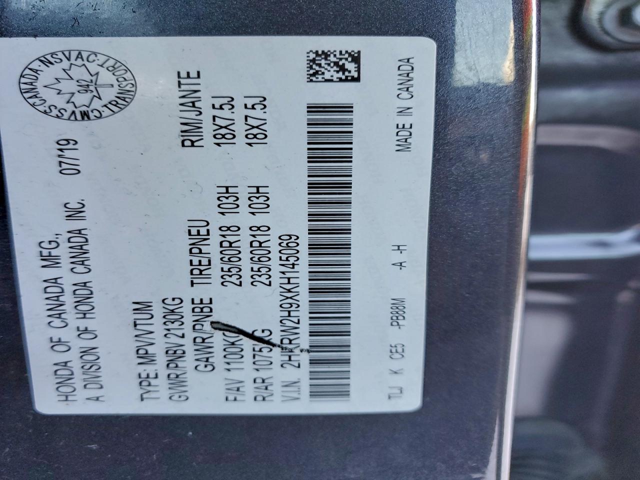 2019 Honda Cr-V Touring VIN: 2HKRW2H9XKH145069 Lot: 94880055