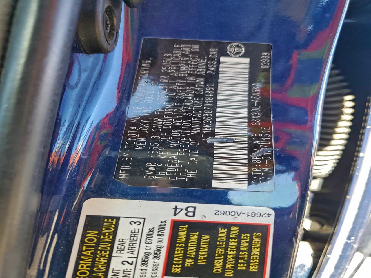 2007 Toyota Avalon Xl VIN: 4T1BK36B87U184891 Lot: 95982175