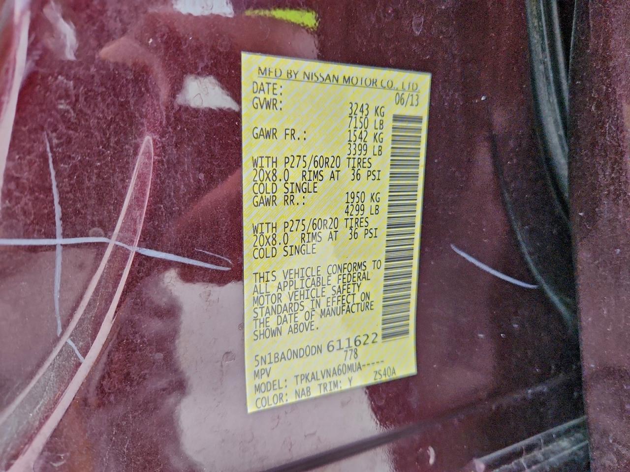 2013 Nissan Armada Sv VIN: 5N1BA0ND0DN611622 Lot: 94395525