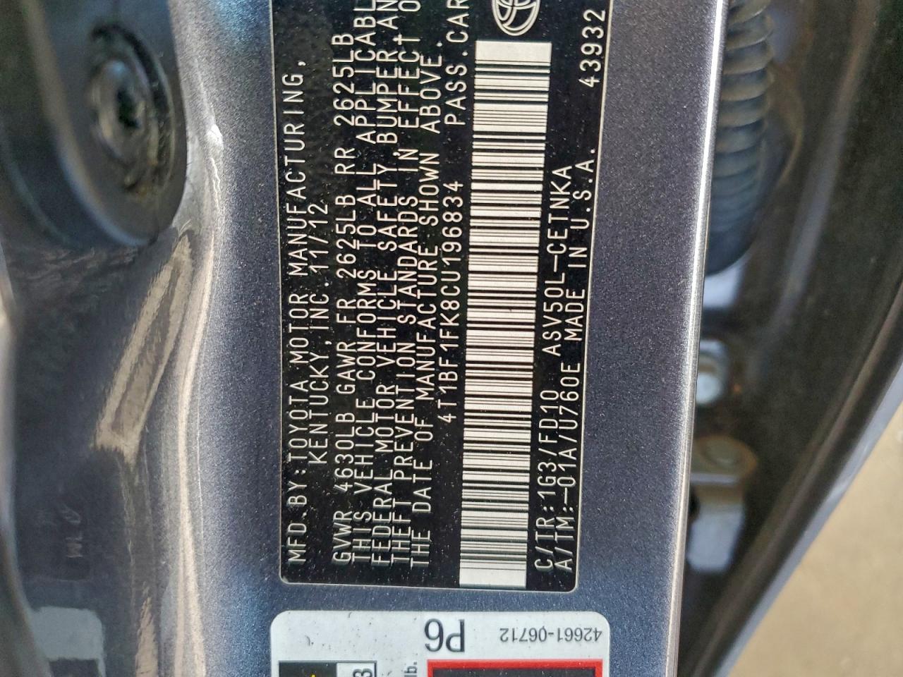 2012 Toyota Camry Base VIN: 4T1BF1FK8CU196834 Lot: 93550185