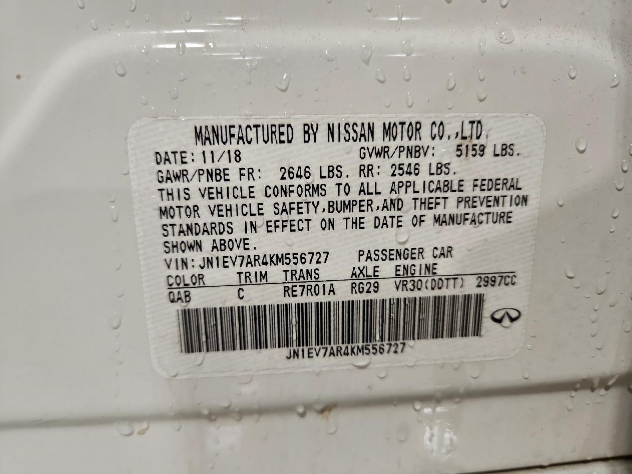 2019 Infiniti Q50 Luxe VIN: JN1EV7AR4KM556727 Lot: 95306835