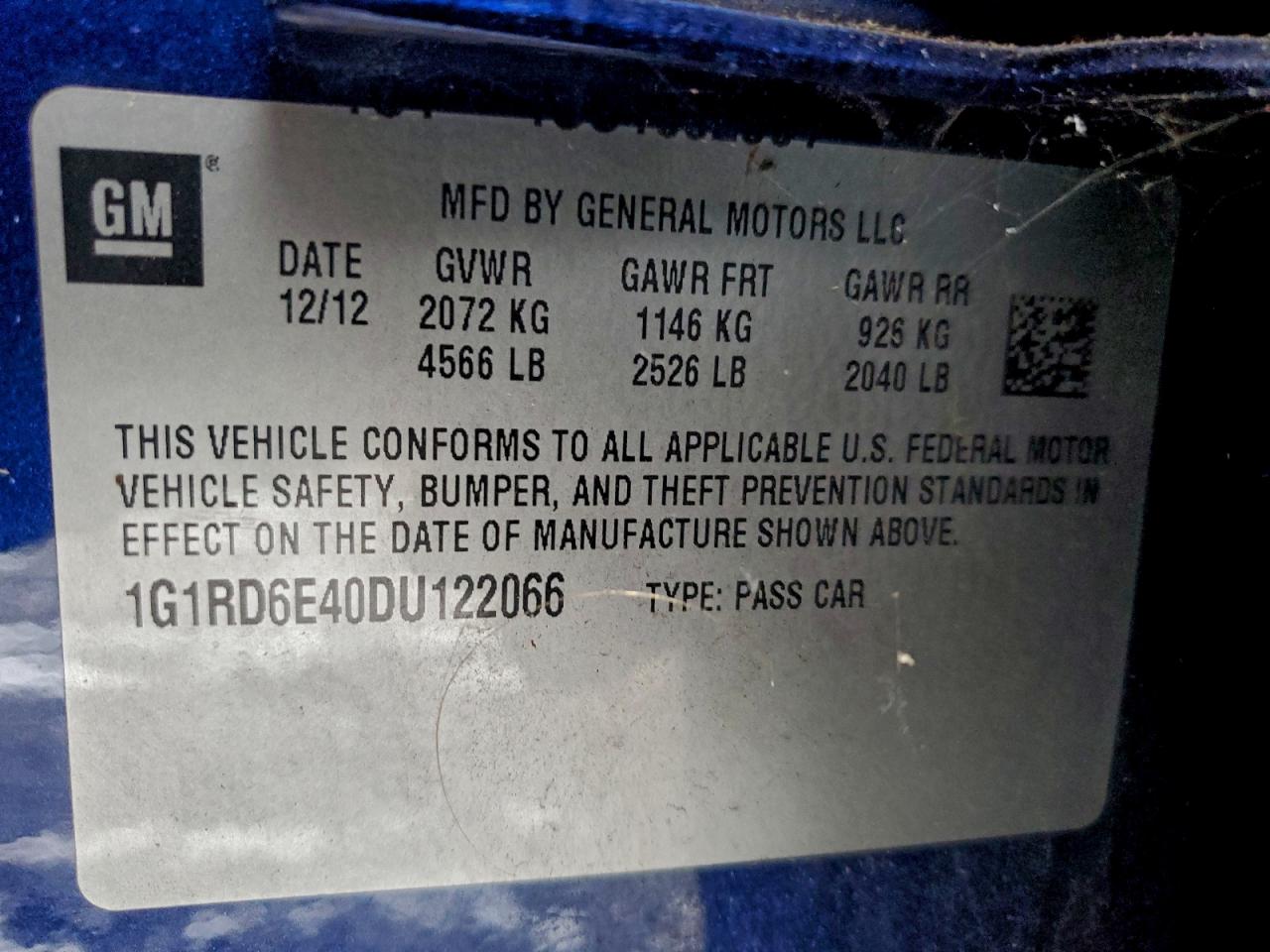 2013 Chevrolet Volt VIN: 1G1RD6E40DU122066 Lot: 94964755