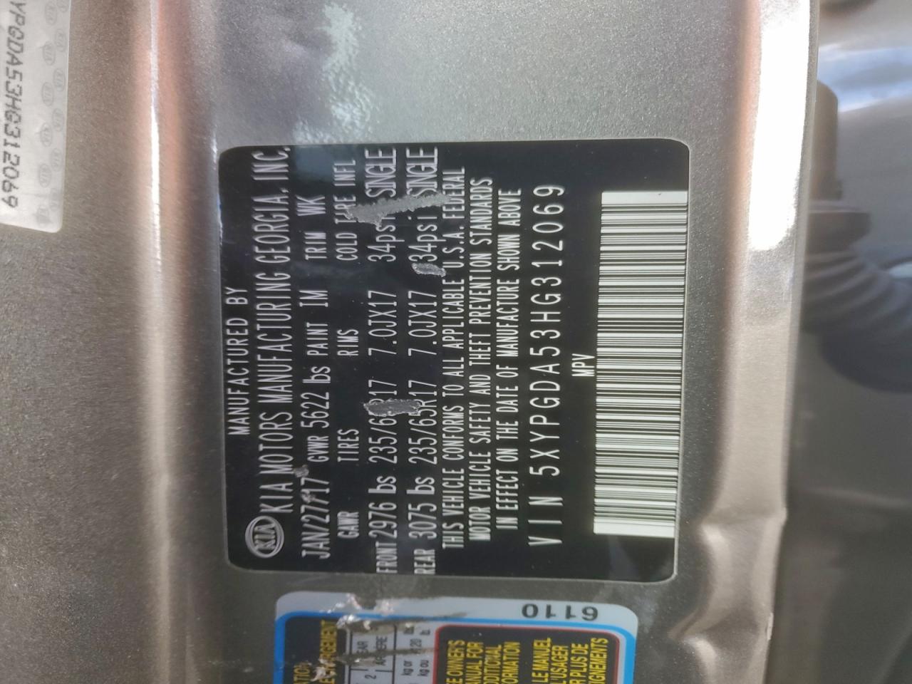 2017 Kia Sorento Lx VIN: 5XYPGDA53HG312069 Lot: 93787215