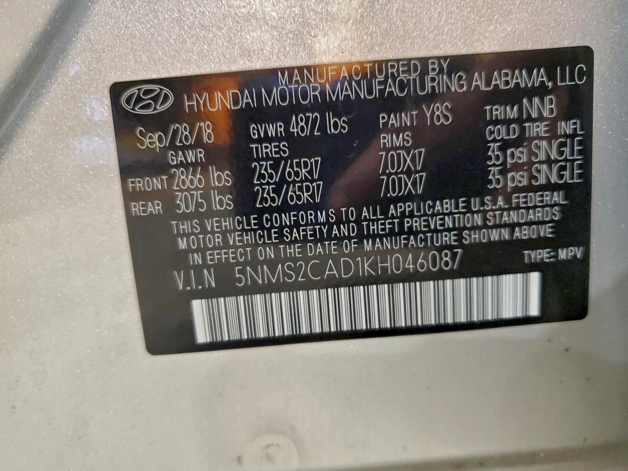 2019 Hyundai Santa Fe Se VIN: 5NMS2CAD1KH046087 Lot: 94696285