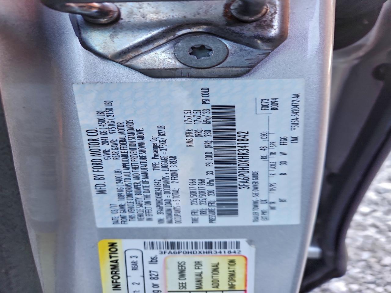 2017 Ford Fusion Se VIN: 3FA6P0HDXHR341842 Lot: 95253905