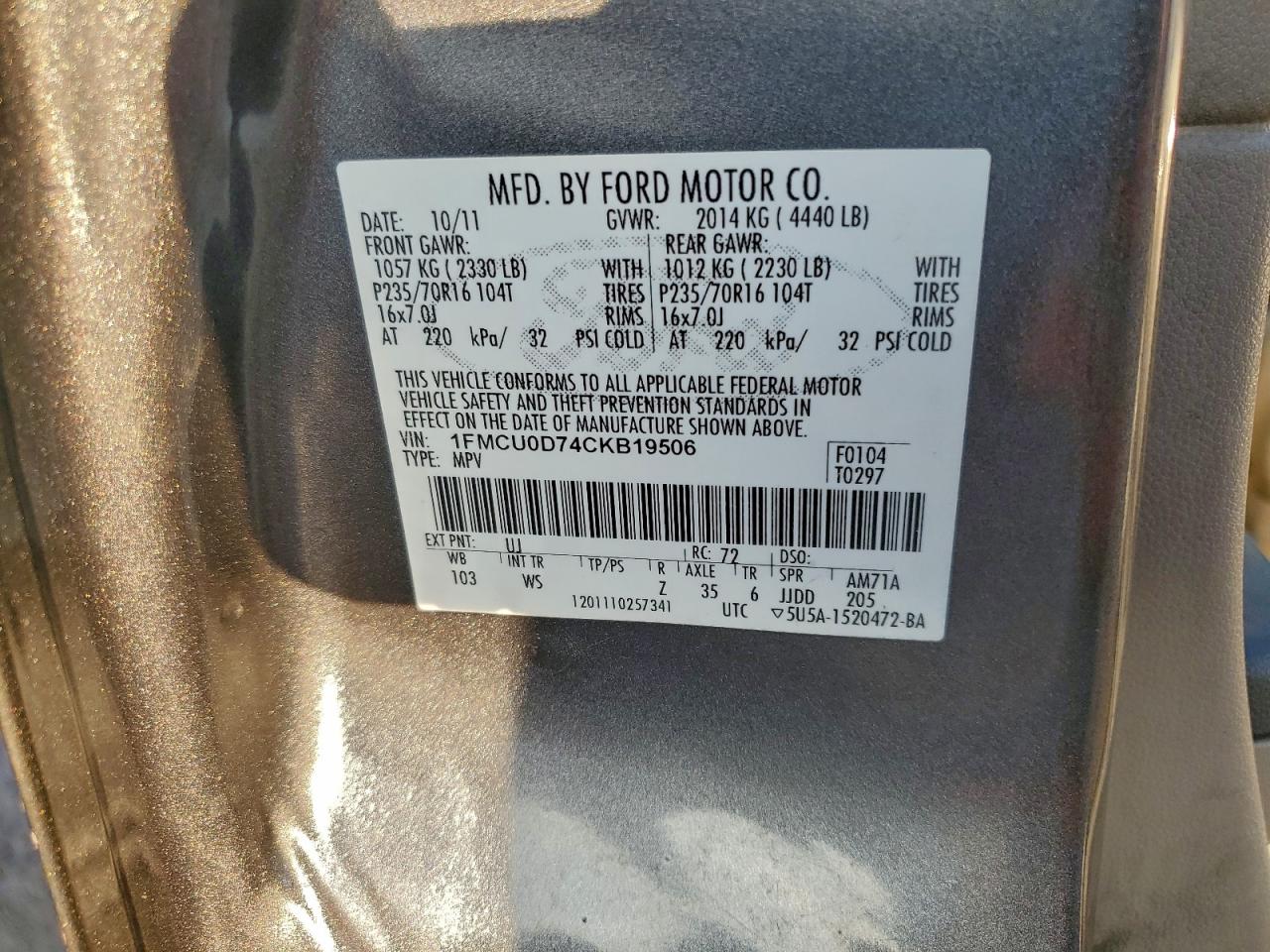 2012 Ford Escape Xlt VIN: 1FMCU0D74CKB19506 Lot: 94803745