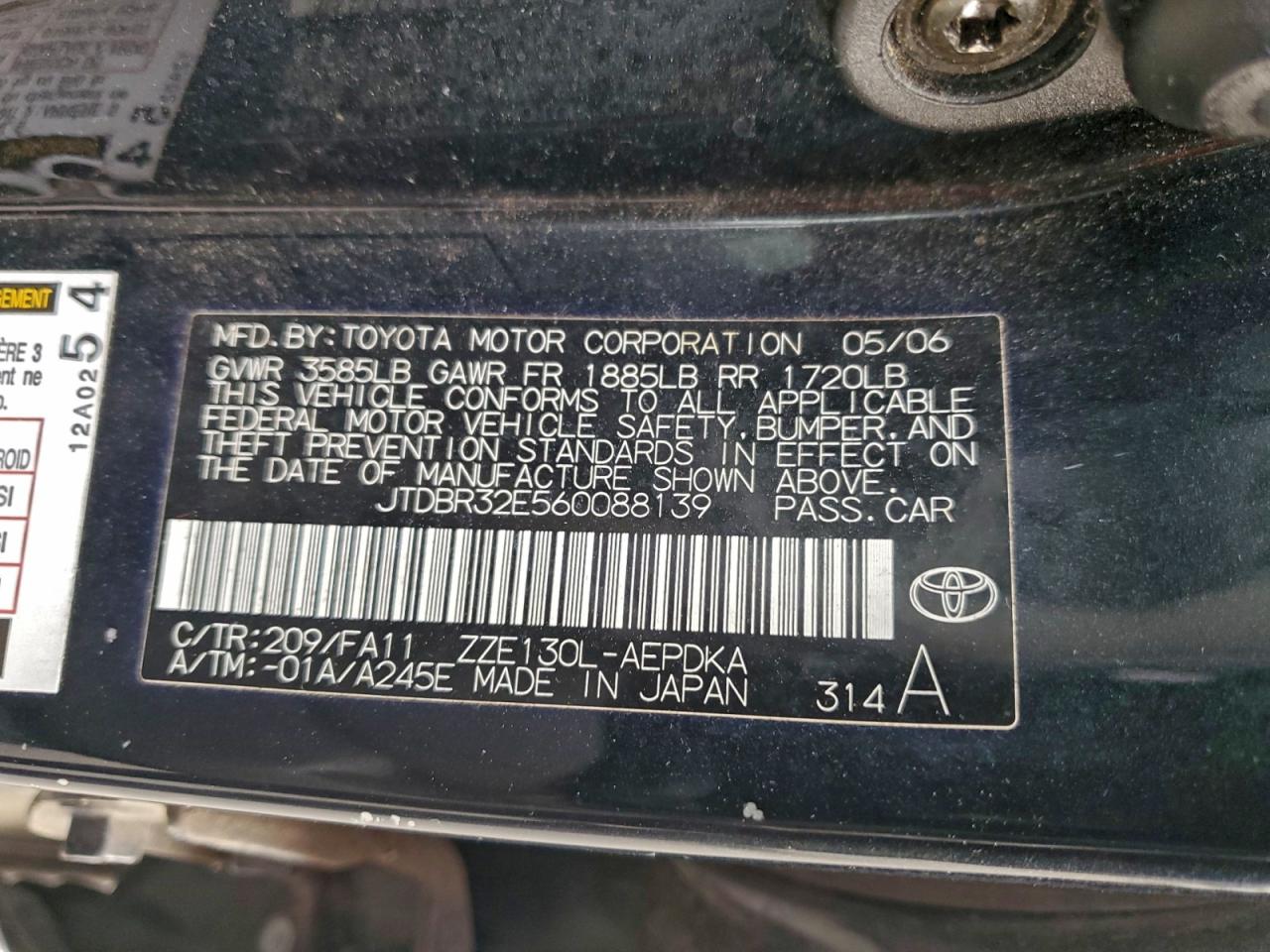 2006 Toyota Corolla Ce VIN: JTDBR32E560088139 Lot: 95620605