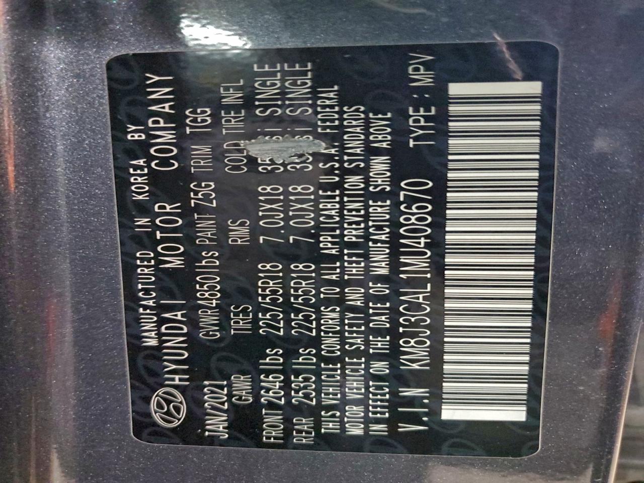 2021 Hyundai Tucson Limited VIN: KM8J3CAL1MU408670 Lot: 95904365