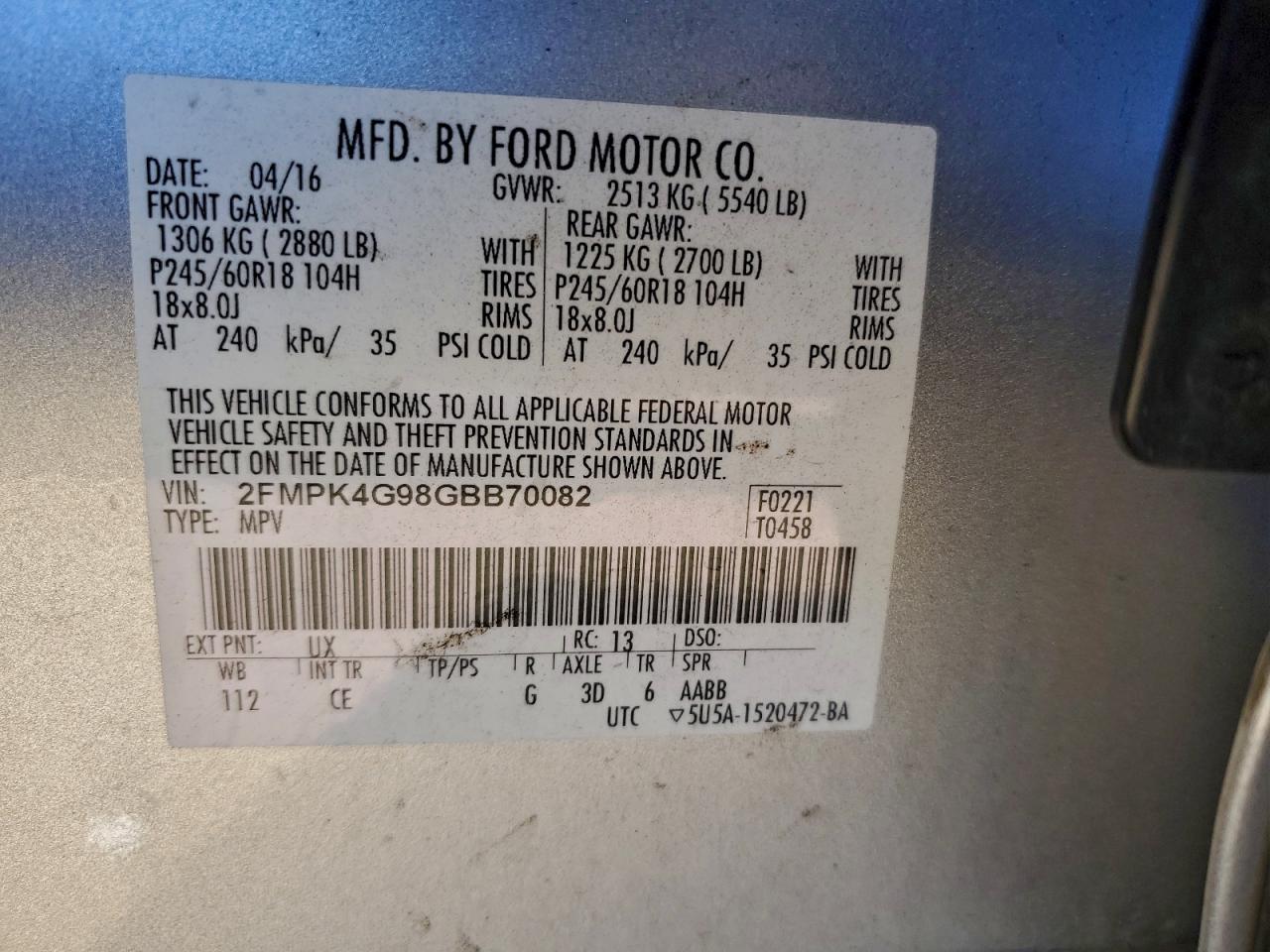 2016 Ford Edge Se VIN: 2FMPK4G98GBB70082 Lot: 93880575