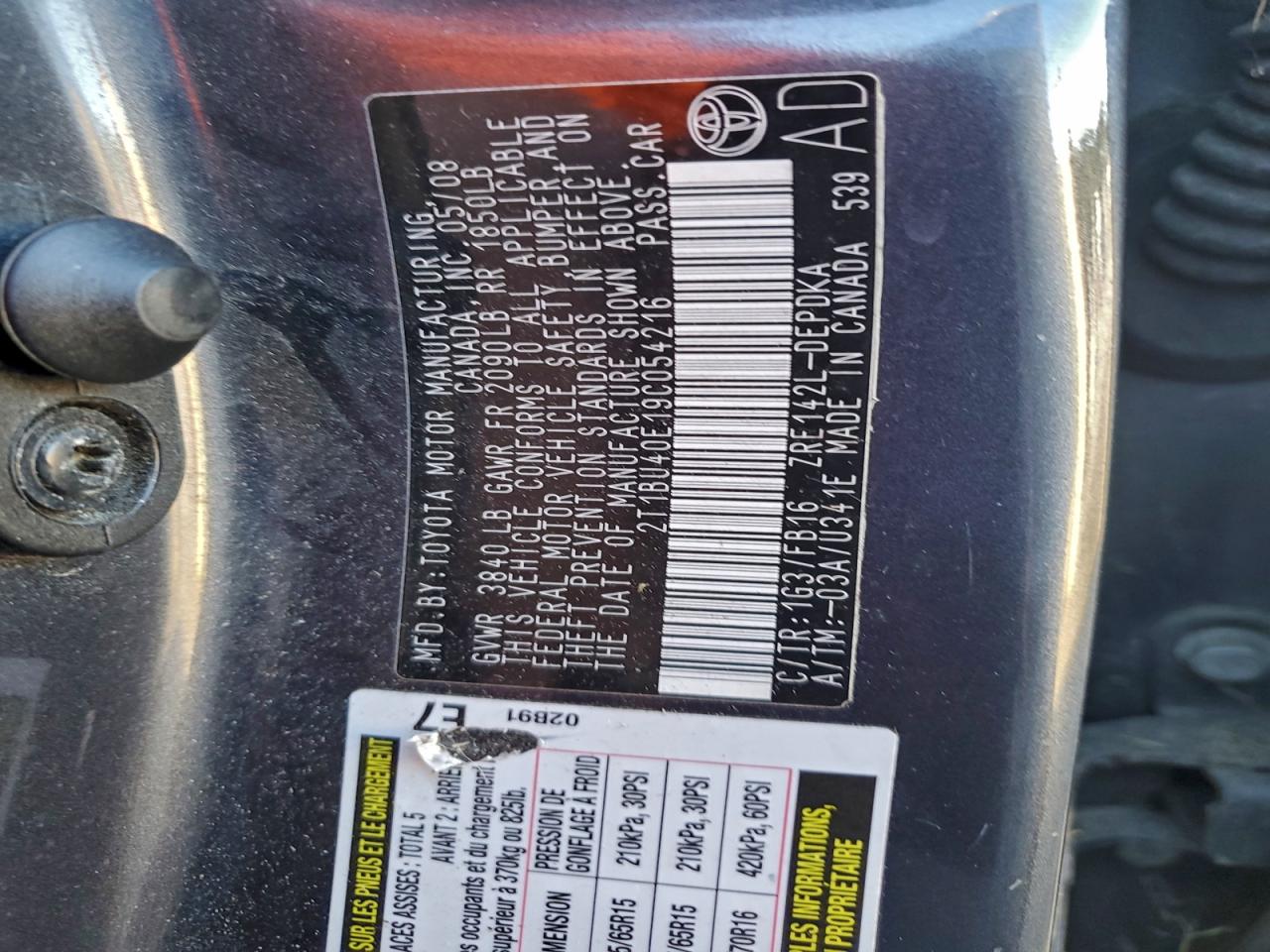 2009 Toyota Corolla Base VIN: 2T1BU40E19C054216 Lot: 96226035