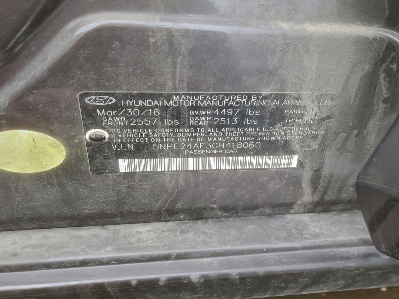 2016 Hyundai Sonata Se VIN: 5NPE24AF3GH418060 Lot: 96361695