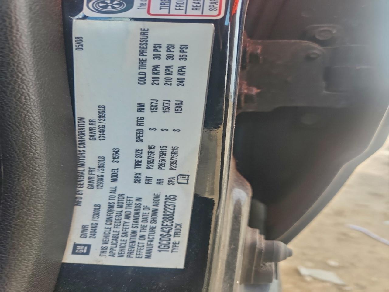 2008 Chevrolet Colorado Lt VIN: 1GCDS43E388223785 Lot: 95996855