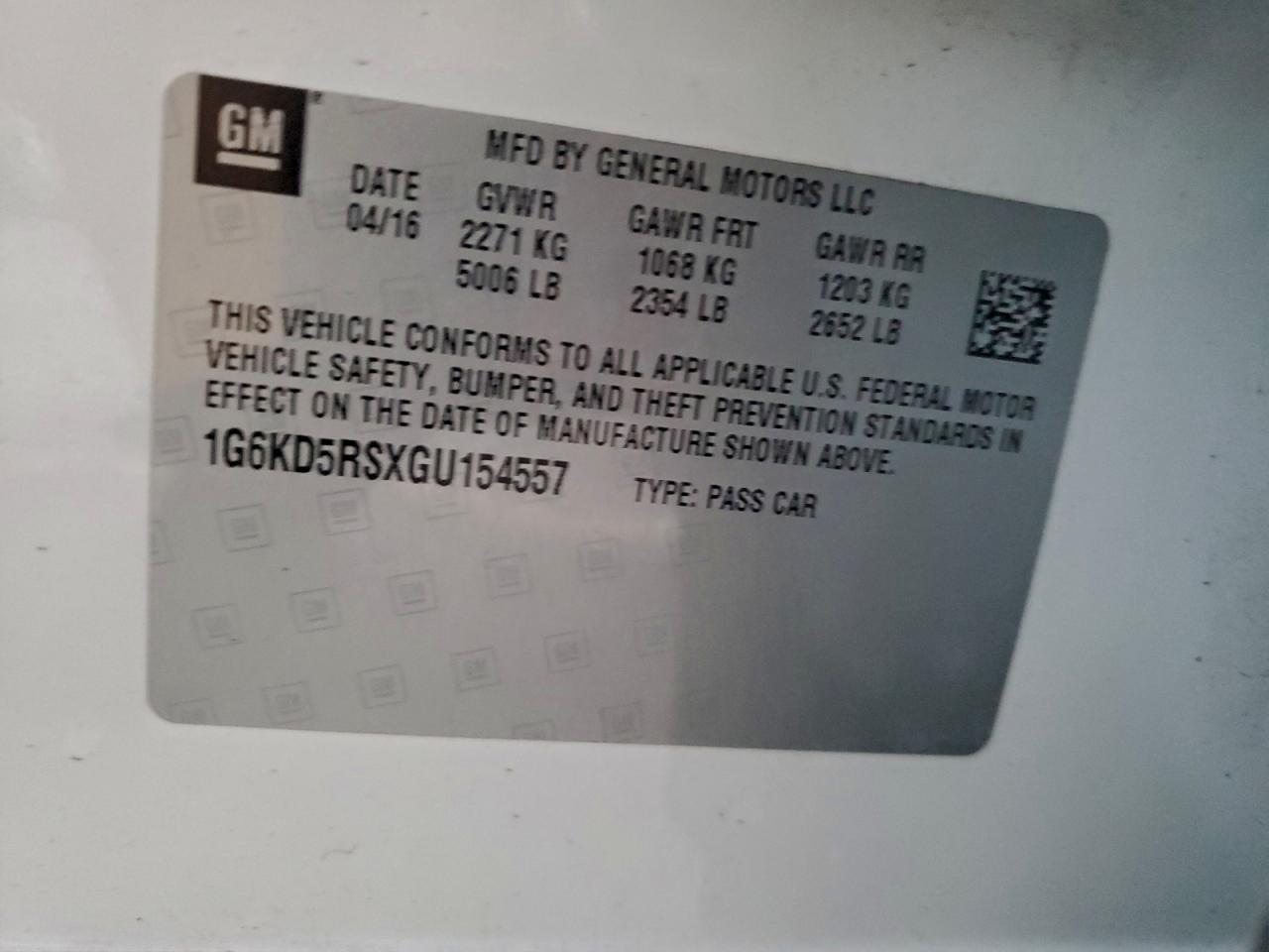 2016 Cadillac Ct6 Luxury VIN: 1G6KD5RSXGU154557 Lot: 95989855