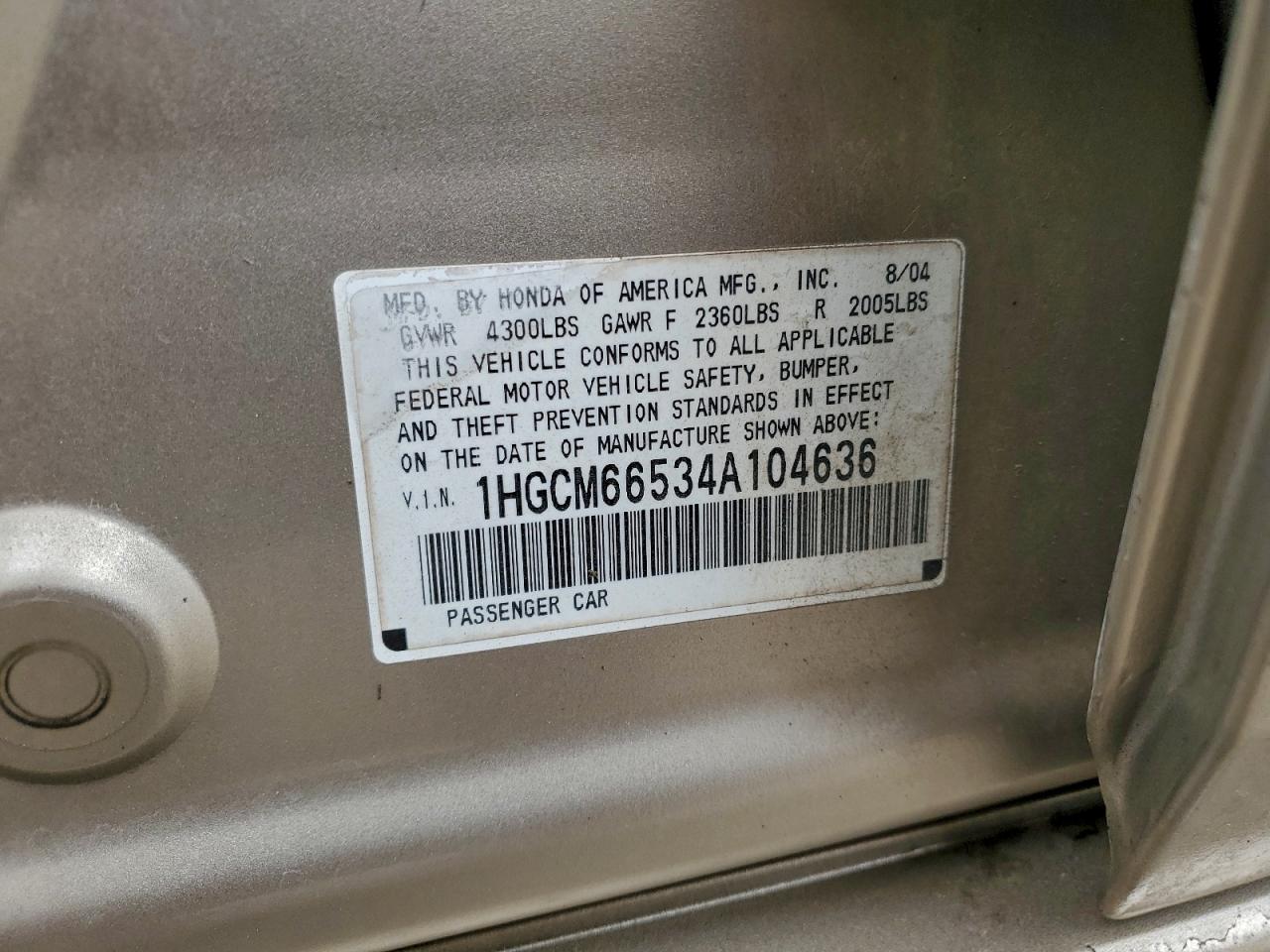 2004 Honda Accord Ex VIN: 1HGCM66534A104636 Lot: 93720235