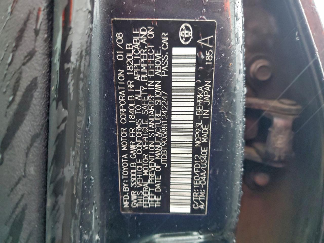 2008 Toyota Yaris VIN: JTDBT903881242247 Lot: 95134045