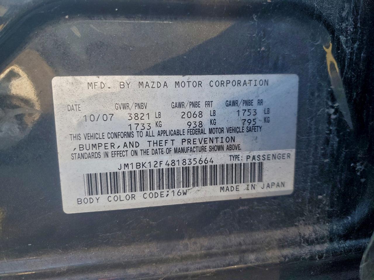 2008 Mazda 3 I VIN: JM1BK12F481835664 Lot: 95939535