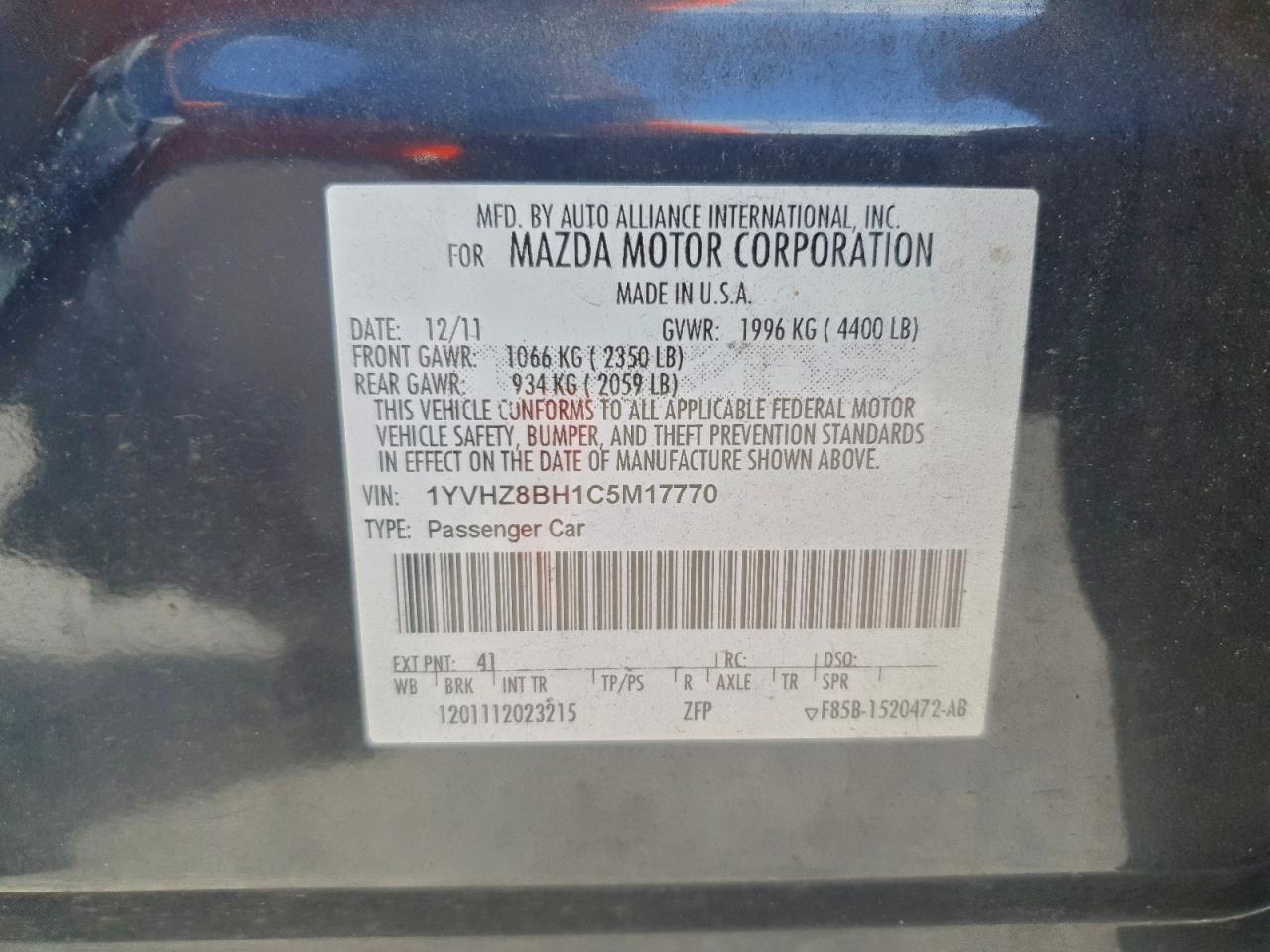 2012 Mazda 6 I VIN: 1YVHZ8BH1C5M17770 Lot: 96273945