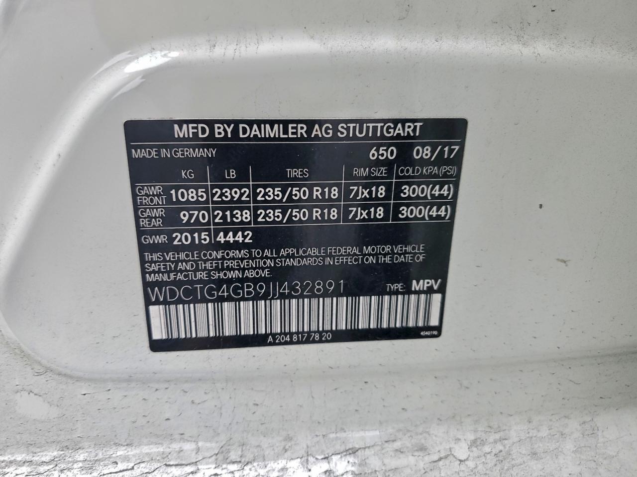 2018 Mercedes-Benz Gla 250 4Matic VIN: WDCTG4GB9JJ432891 Lot: 94781345