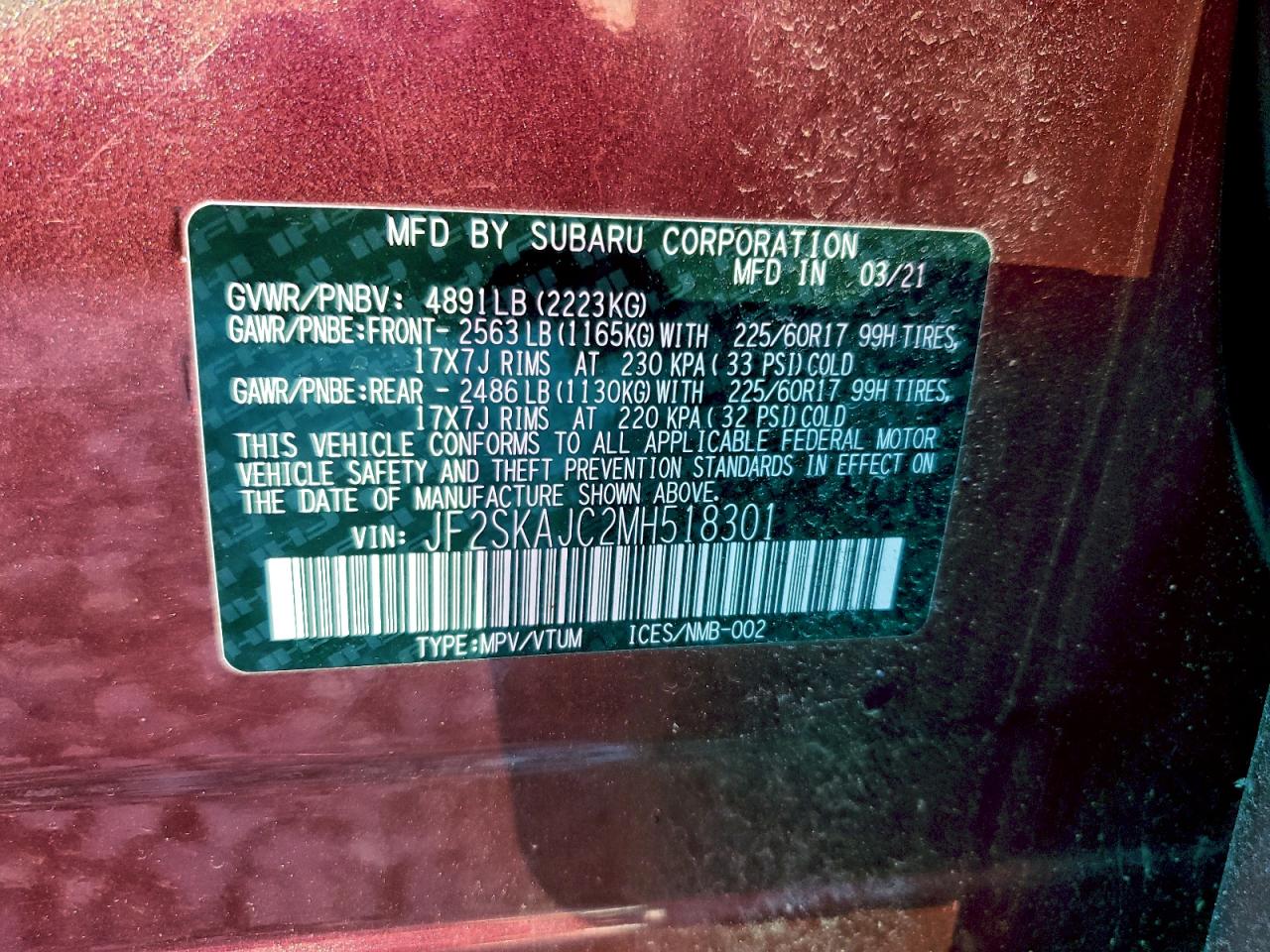 2021 Subaru Forester Premium VIN: JF2SKAJC2MH518301 Lot: 94765455