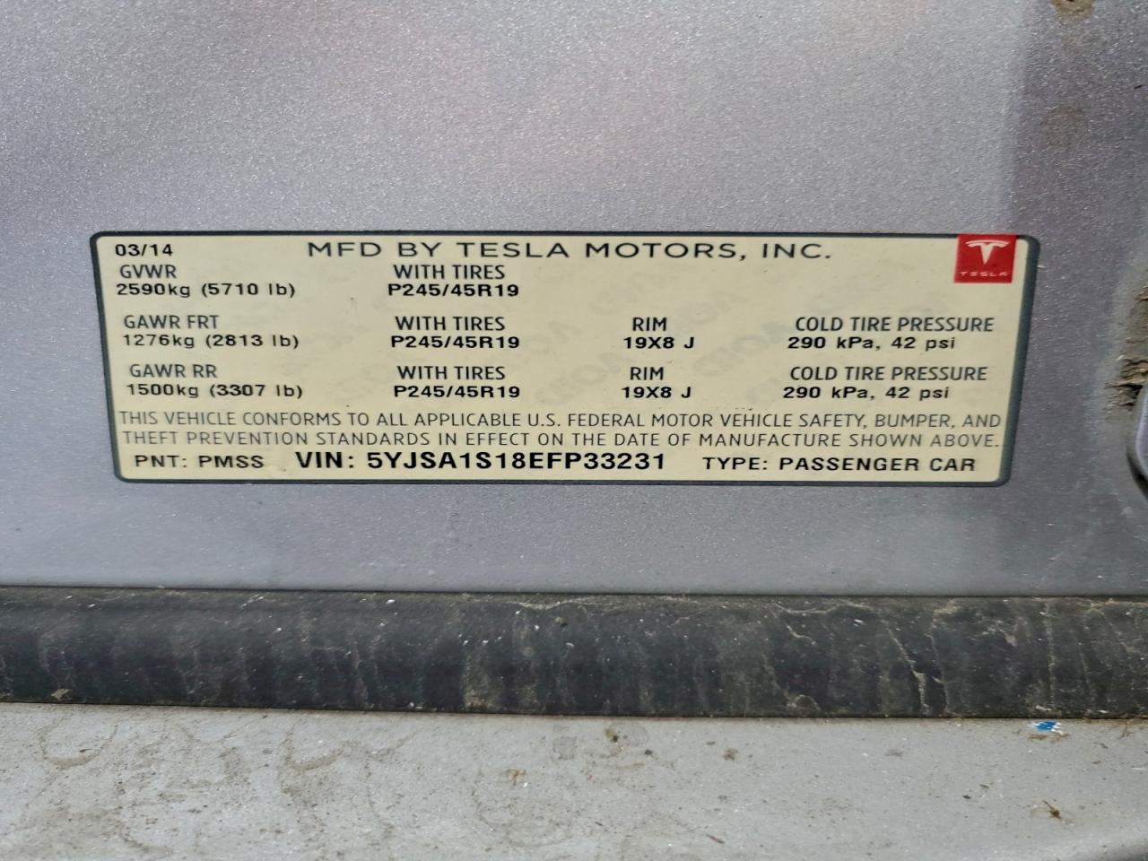 2014 Tesla Model S VIN: 5YJSA1S18EFP33231 Lot: 94300795