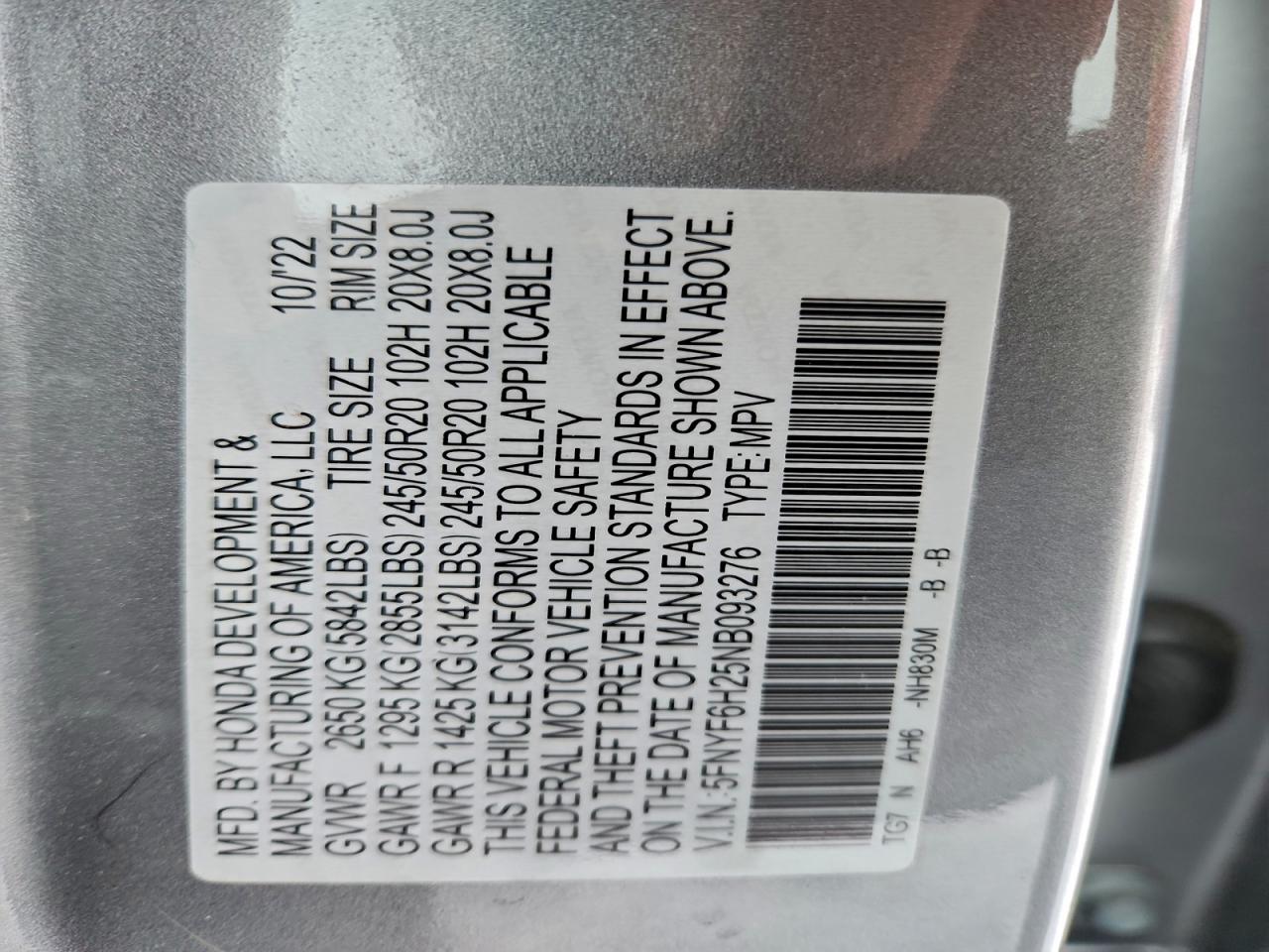 2022 Honda Pilot Se VIN: 5FNYF6H25NB093276 Lot: 95347355