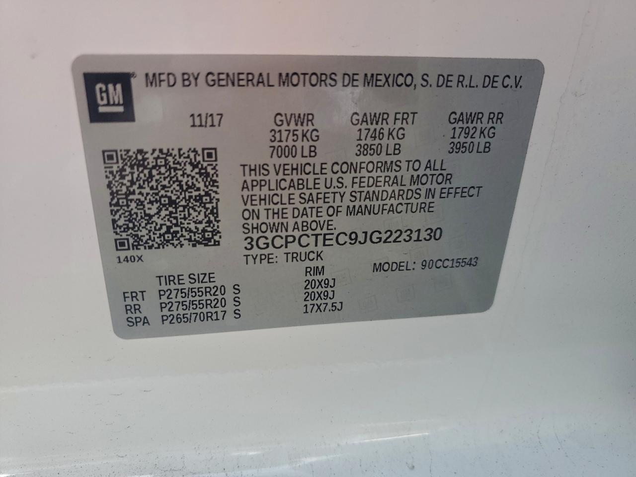 2018 Chevrolet Silverado C1500 High Country VIN: 3GCPCTEC9JG223130 Lot: 93788815