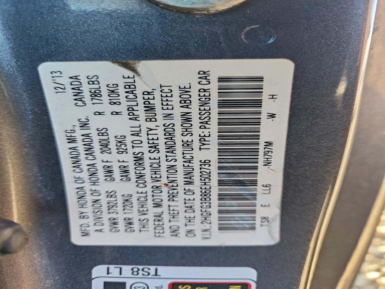 2014 Honda Civic Ex VIN: 2HGFG3B86EH502736 Lot: 96417275