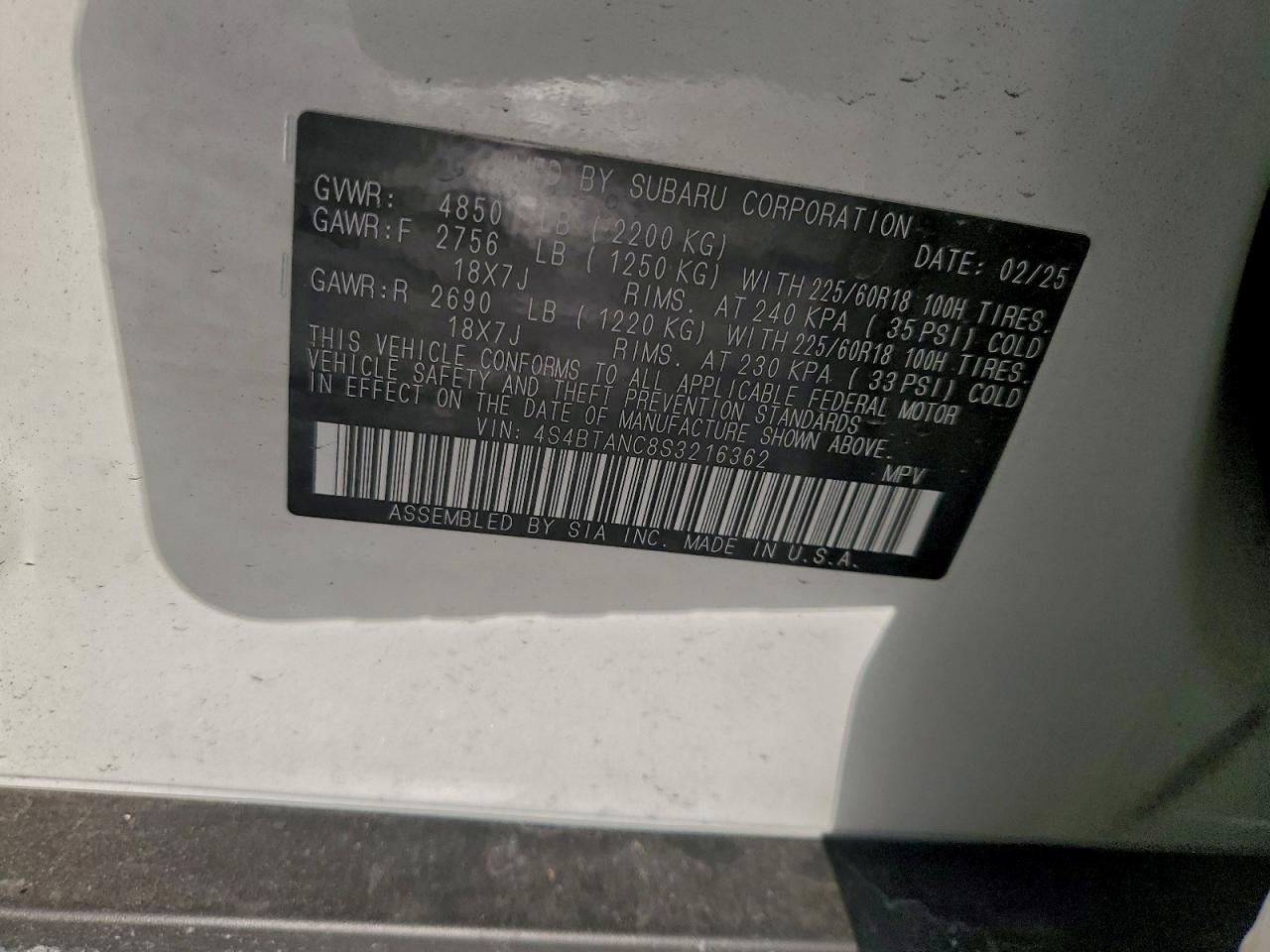 2025 Subaru Outback Limited VIN: 4S4BTANC8S3216362 Lot: 96050625