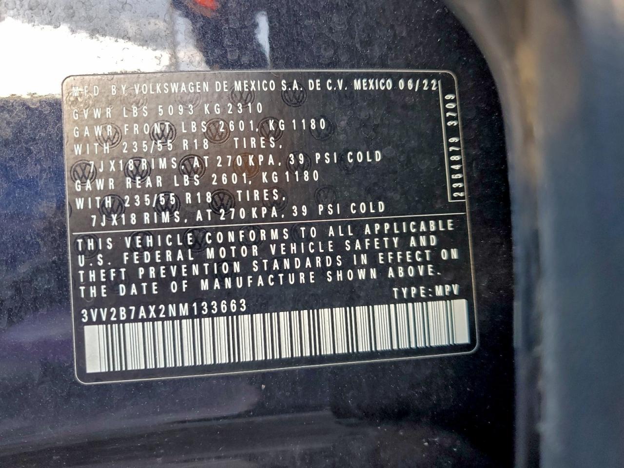 2022 Volkswagen Tiguan Se VIN: 3VV2B7AX2NM133663 Lot: 95056935