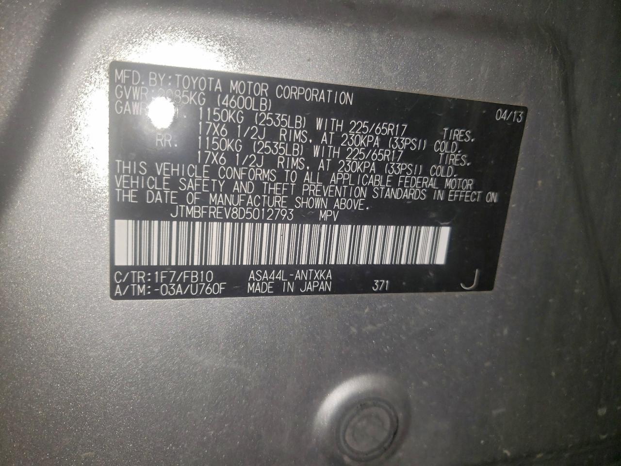 2013 Toyota Rav4 Le VIN: JTMBFREV8D5012793 Lot: 96328565