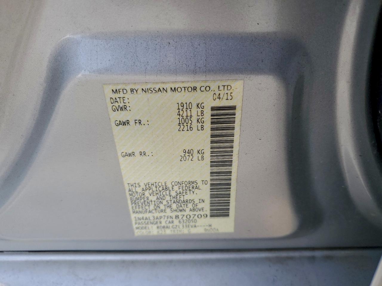 2015 Nissan Altima 2.5 VIN: 1N4AL3AP7FN870709 Lot: 94745085