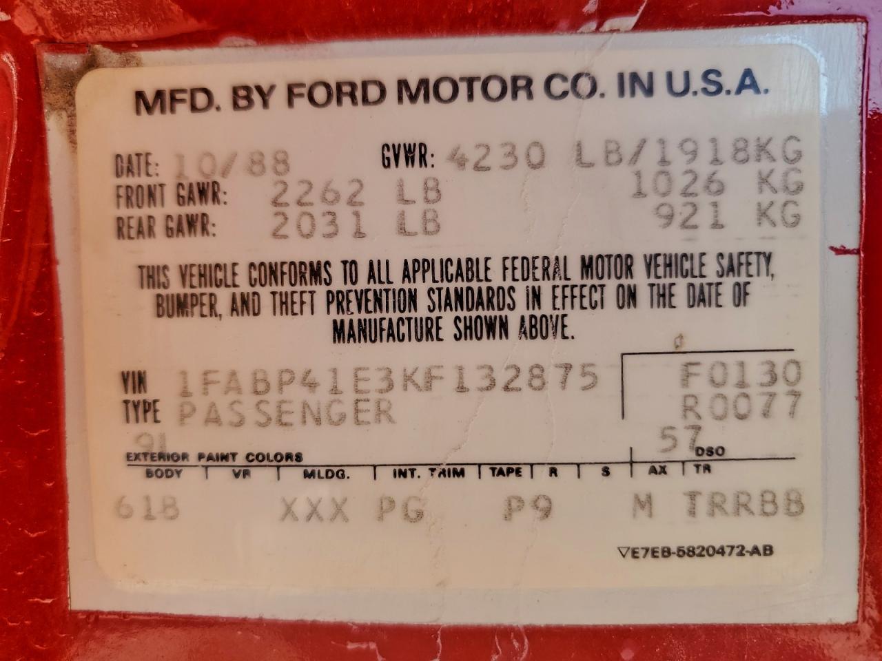 1989 Ford Mustang Lx VIN: 1FABP41E3KF132875 Lot: 96747175