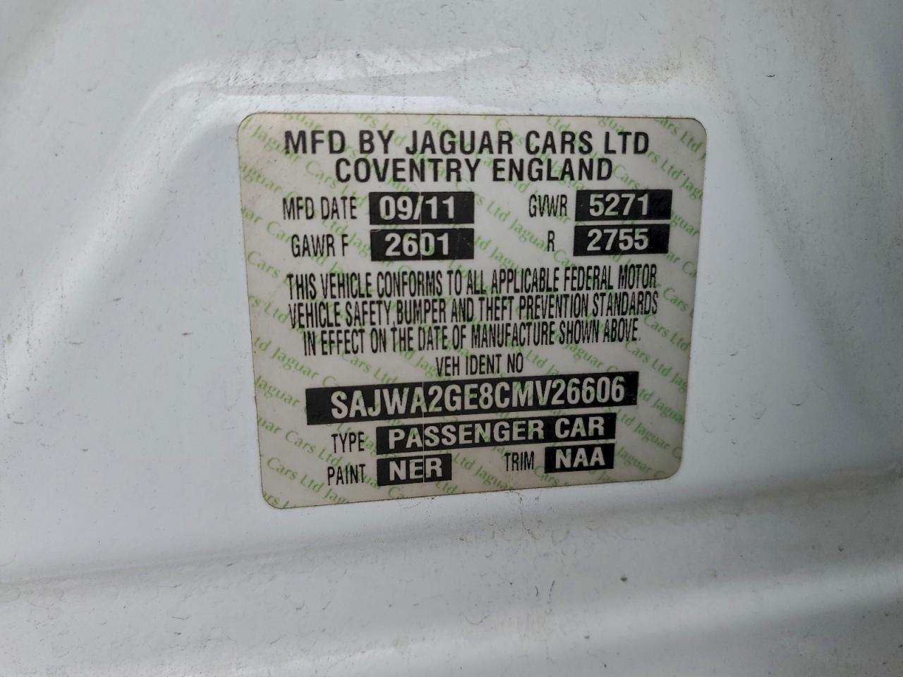 2012 Jaguar Xjl Supercharged VIN: SAJWA2GE8CMV26606 Lot: 94363785