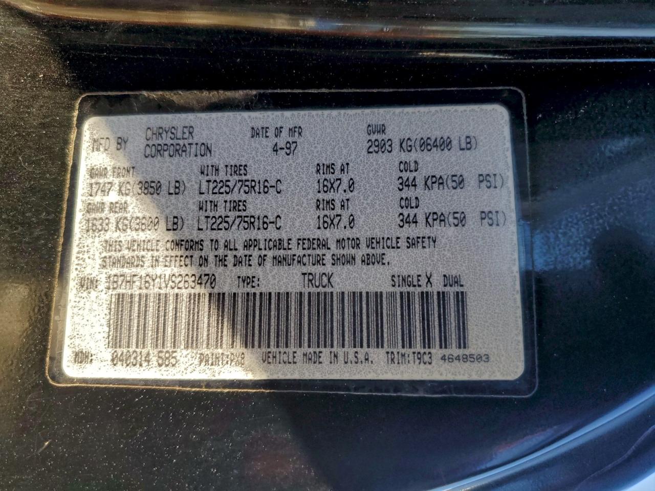 1997 Dodge Ram 1500 VIN: 1B7HF16Y1VS263470 Lot: 94937415