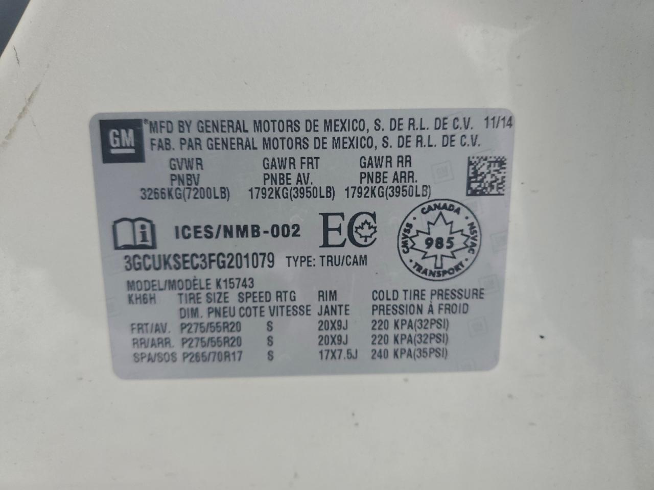 2015 Chevrolet Silverado K1500 Ltz VIN: 3GCUKSEC3FG201079 Lot: 95504595