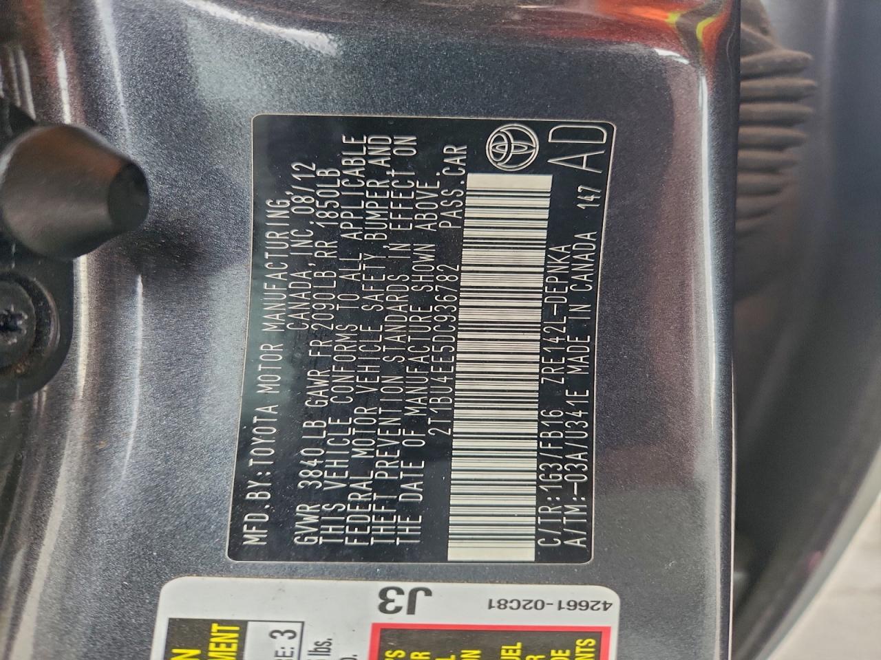 2013 Toyota Corolla Base VIN: 2T1BU4EE5DC936782 Lot: 96193975