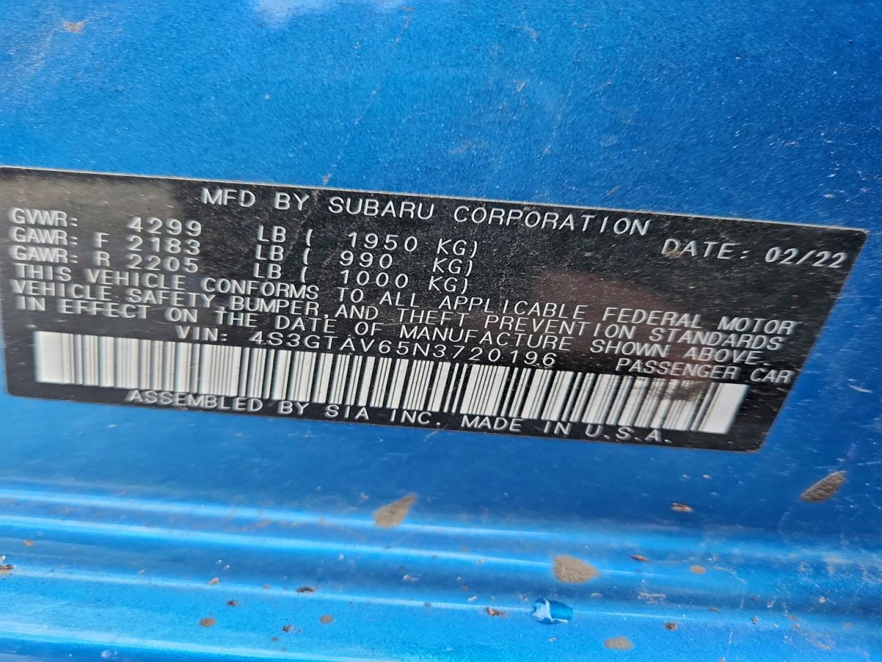 2022 Subaru Impreza Premium VIN: 4S3GTAV65N3720196 Lot: 94987855