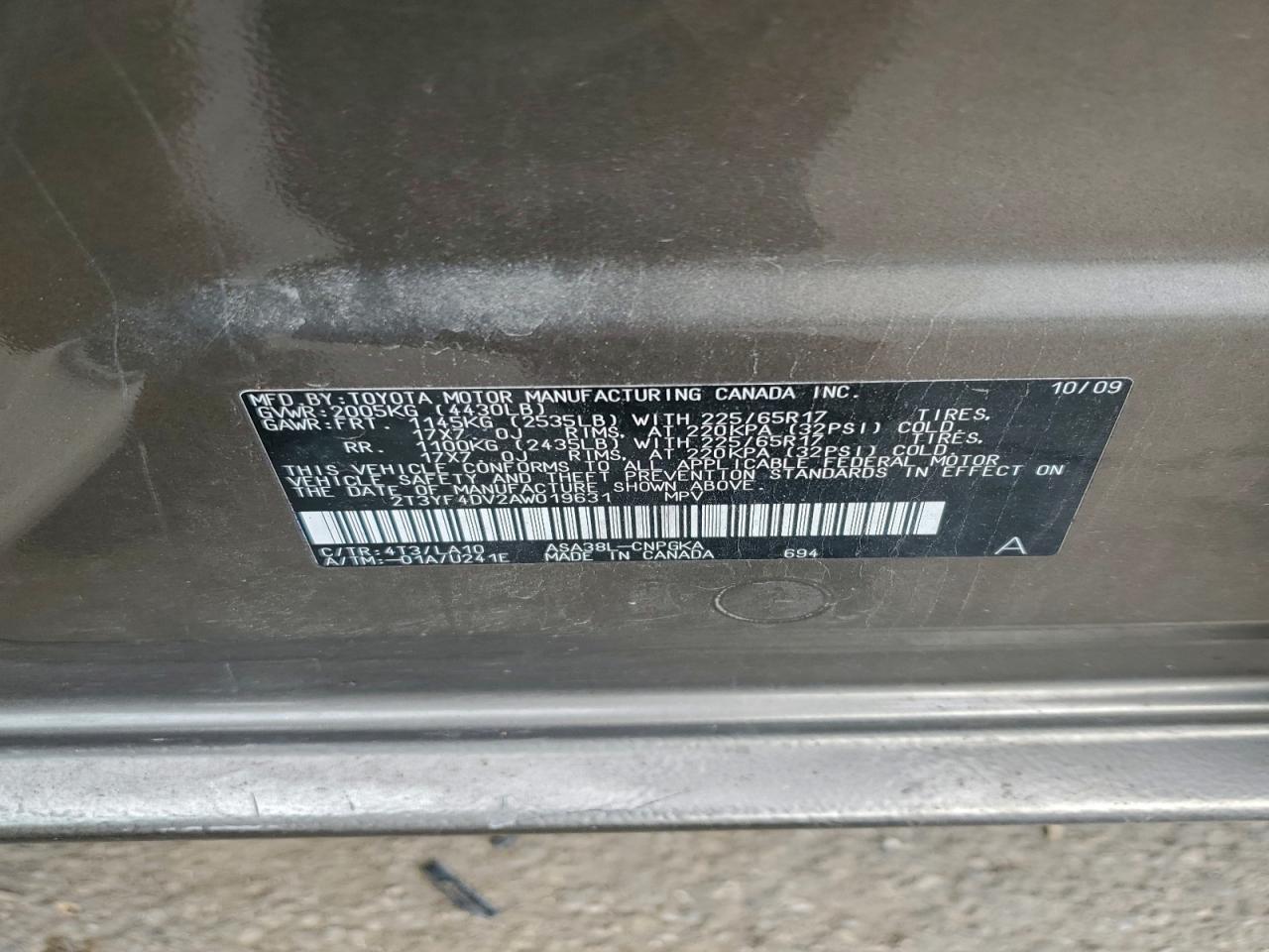 2010 Toyota Rav4 Limited VIN: 2T3YF4DV2AW019631 Lot: 95033625