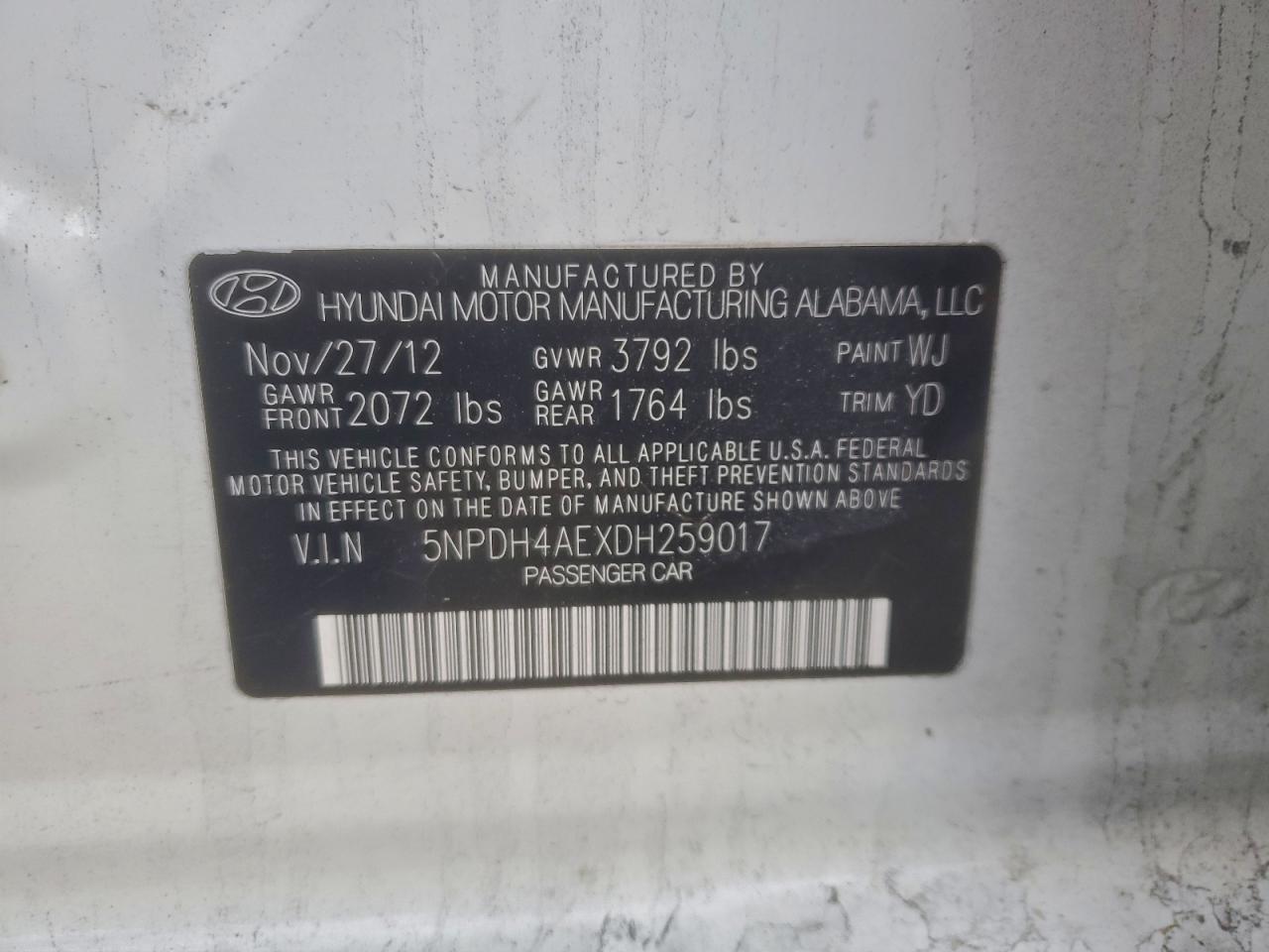 2013 Hyundai Elantra Gls VIN: 5NPDH4AEXDH259017 Lot: 97286295